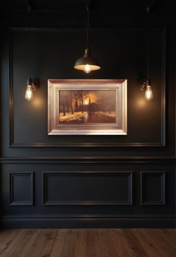 Winterlandschaft Ölgemälde mit Hütte, ländliches Winteridyll verschneite Szene Kunst von Levy